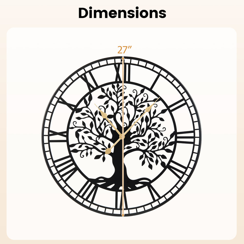 Large 27-inch black metal wall clock showcasing dimensions, designed for easy mounting and elegant wall decoration.
