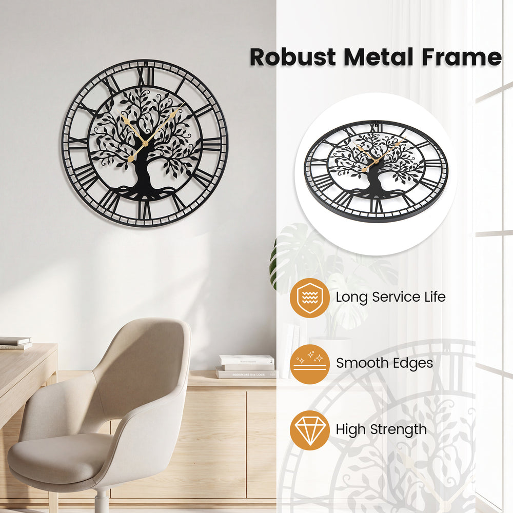 Large 27-inch black metal wall clock with tree of life design, featuring a robust frame and smooth edges for easy.