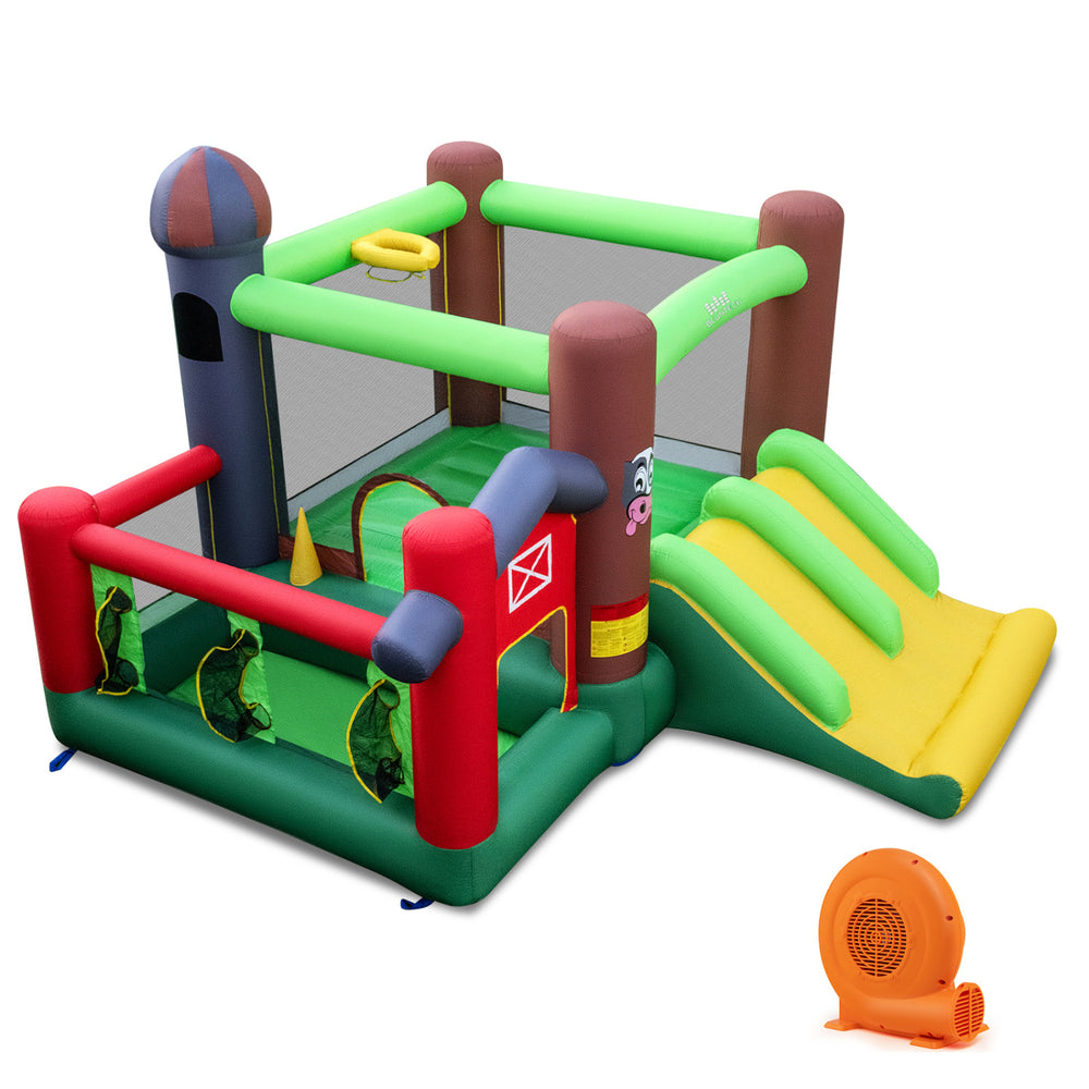 Kids castle slide bouncer with dual slides, PVC surfaces, and mesh walls for fun playtime activities.