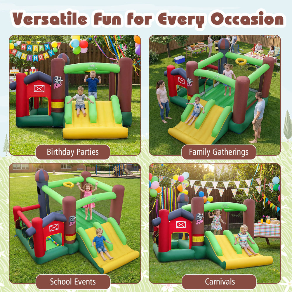 Kids Castle Slide Bouncer with dual slides and basketball rim, perfect for birthday parties and family gatherings.