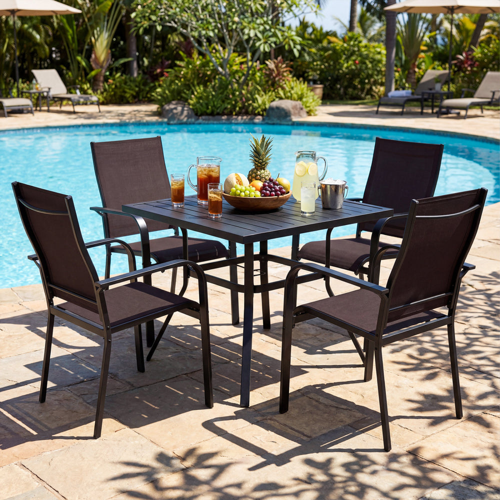 5 Pieces Patio Dining Set for 4 Outdoor Square Table and Stackable Chairs-Brown - Gallery View 1 of 13