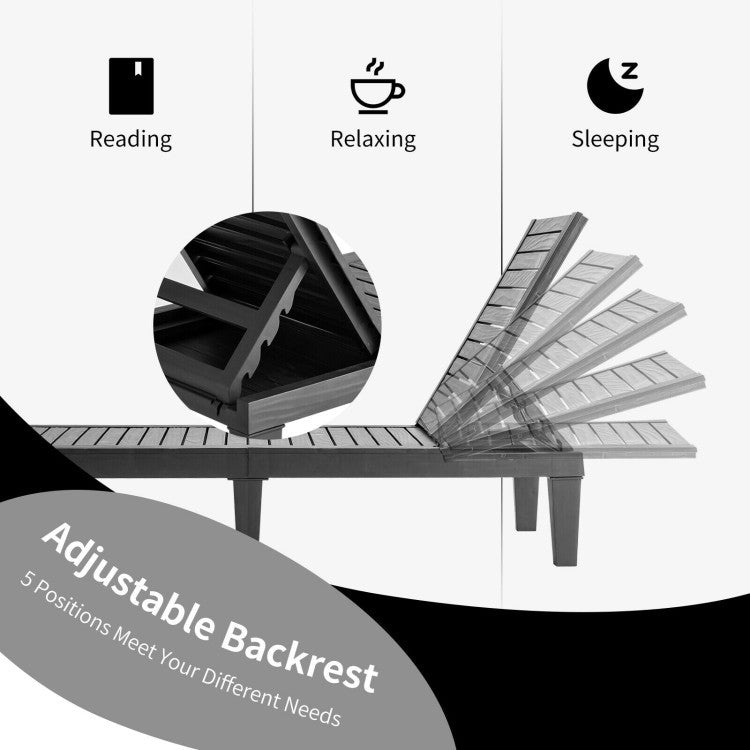 Adjustable backrest of the outdoor chaise lounge set showing five positions for reading, relaxing, or sleeping.