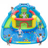 Dinosaur-themed inflatable water slide park with multiple play zones for kids, featuring slides, bounce area, and.
