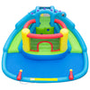 Dinosaur-themed inflatable water slide park with double slides and splash pool for backyard fun and entertainment.