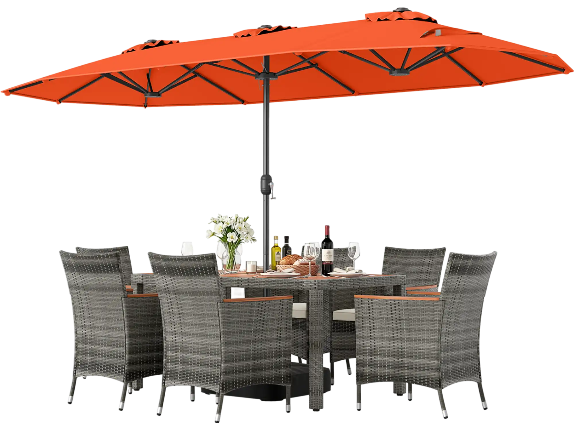 Costway 8-Piece Patio Dining Set w/ Double-Sided Market Umbrella Orange 58234818 New