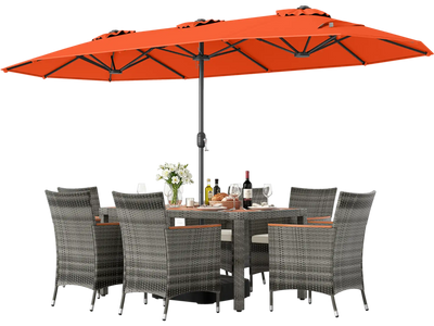 Costway 8-Piece Patio Dining Set w/ Double-Sided Market Umbrella Orange 58234818 New