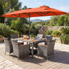 8-piece patio dining set featuring a double-sided orange umbrella and rattan chairs, perfect for outdoor dining.