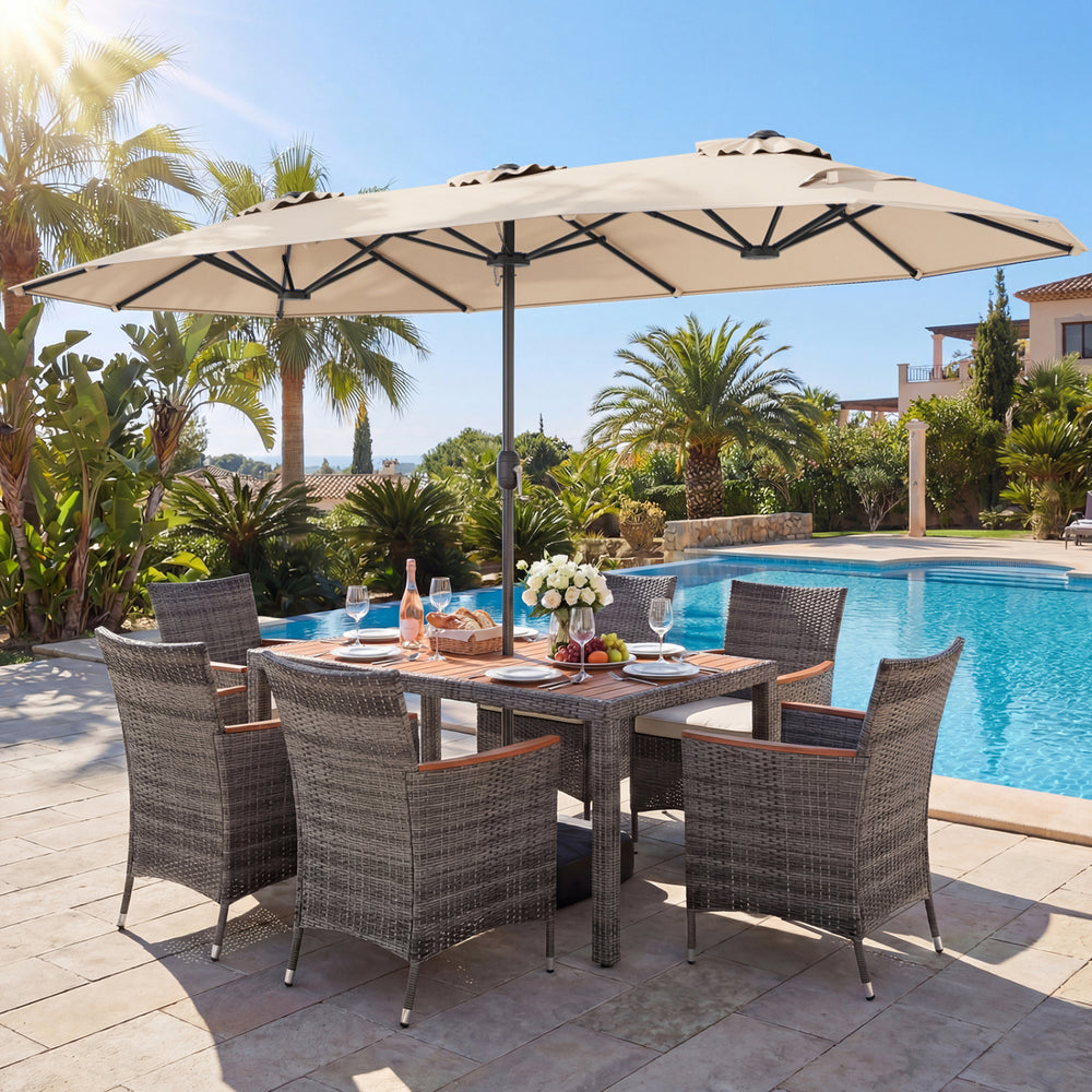 8-Piece Patio Dining Set with Double-Sided Market Umbrella-Beige - Gallery View 1 of 6