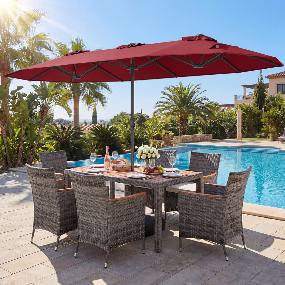 8-Piece Patio Dining Set with Double-Sided Market Umbrella-Red - Gallery View 1 of 6