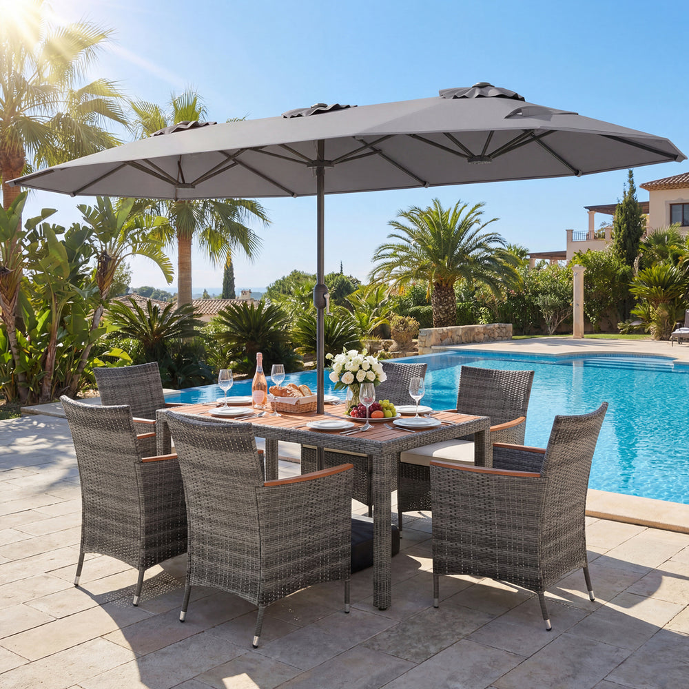 8-Piece Patio Dining Set with Double-Sided Market Umbrella-Gray - Gallery View 1 of 6