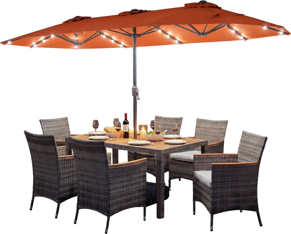 Outdoor wicker dining set with orange umbrella, featuring solar LED lights and ergonomic chairs for patio gatherings.