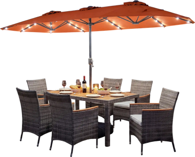 Costway 8-Pc Outdoor Wicker Dining Furniture Set w/ 13.5' Double-Sided Patio Umbrella Orange 23672016 New
