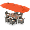 8-piece outdoor wicker dining set with orange double-sided umbrella, featuring acacia wood tabletop and ergonomic.