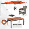 8-piece outdoor wicker dining set with 13.5 ft orange umbrella, acacia wood table, and ergonomic chairs for patio use.