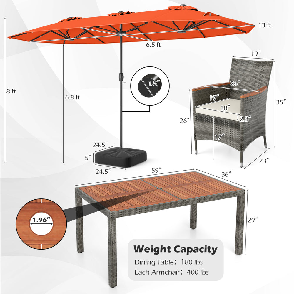 8-piece outdoor wicker dining set with 13.5 ft orange umbrella, acacia wood table, and ergonomic chairs for patio use.