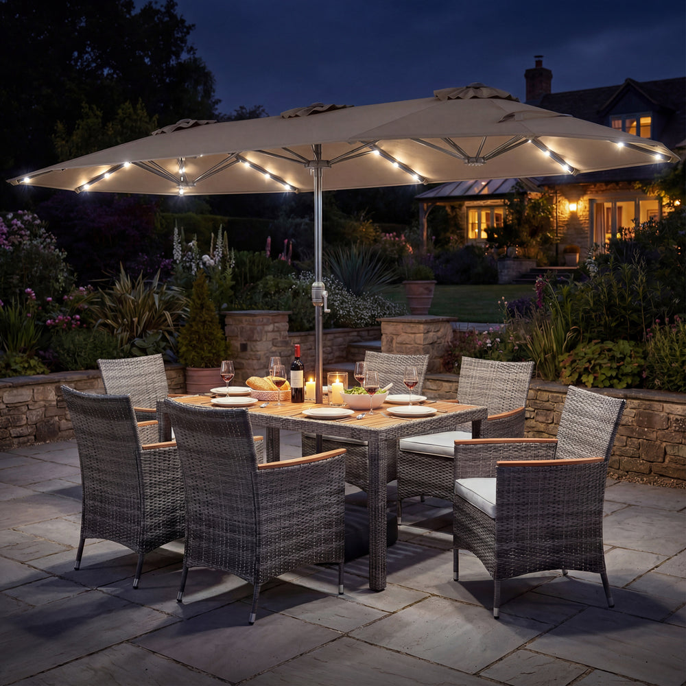 8 Pieces Outdoor Wicker Dining Furniture and 13.5 FT Double-Sided Patio Umbrella-Brown - Gallery View 1 of 6