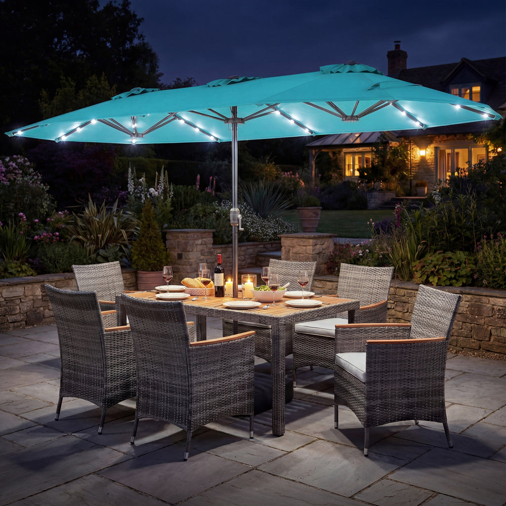 8 Pieces Outdoor Wicker Dining Furniture and 13.5 FT Double-Sided Patio Umbrella-Turquoise - Gallery View 1 of 6