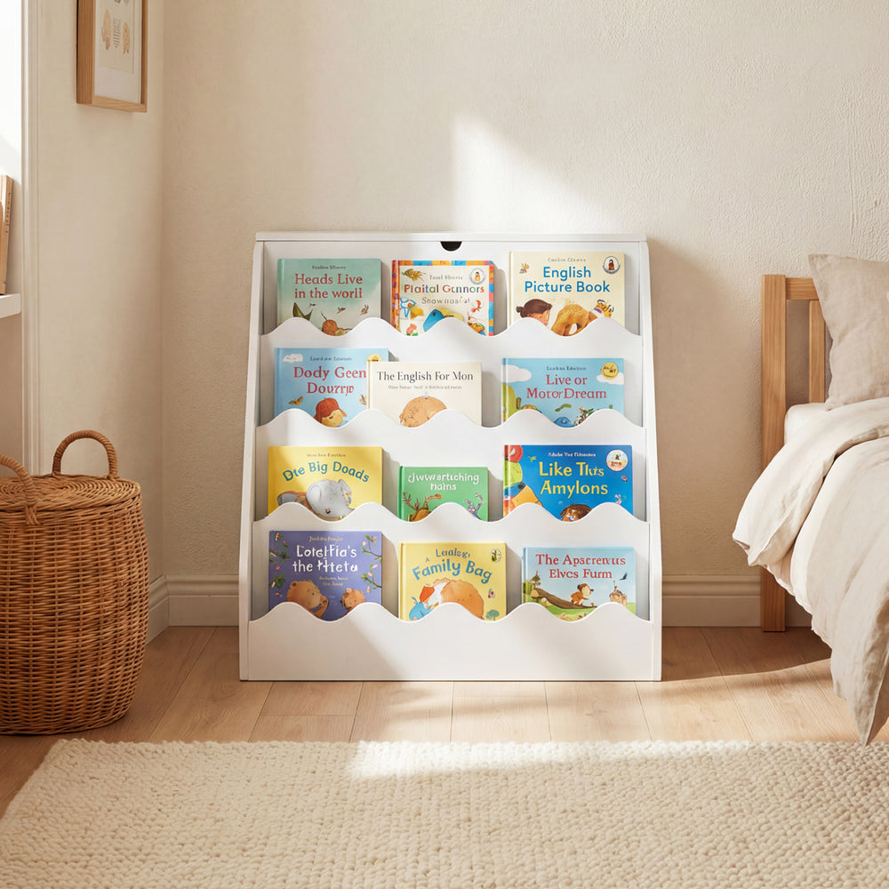 4-tier white kids bookshelf and toy storage organizer displaying colorful children's books for easy browsing and play.