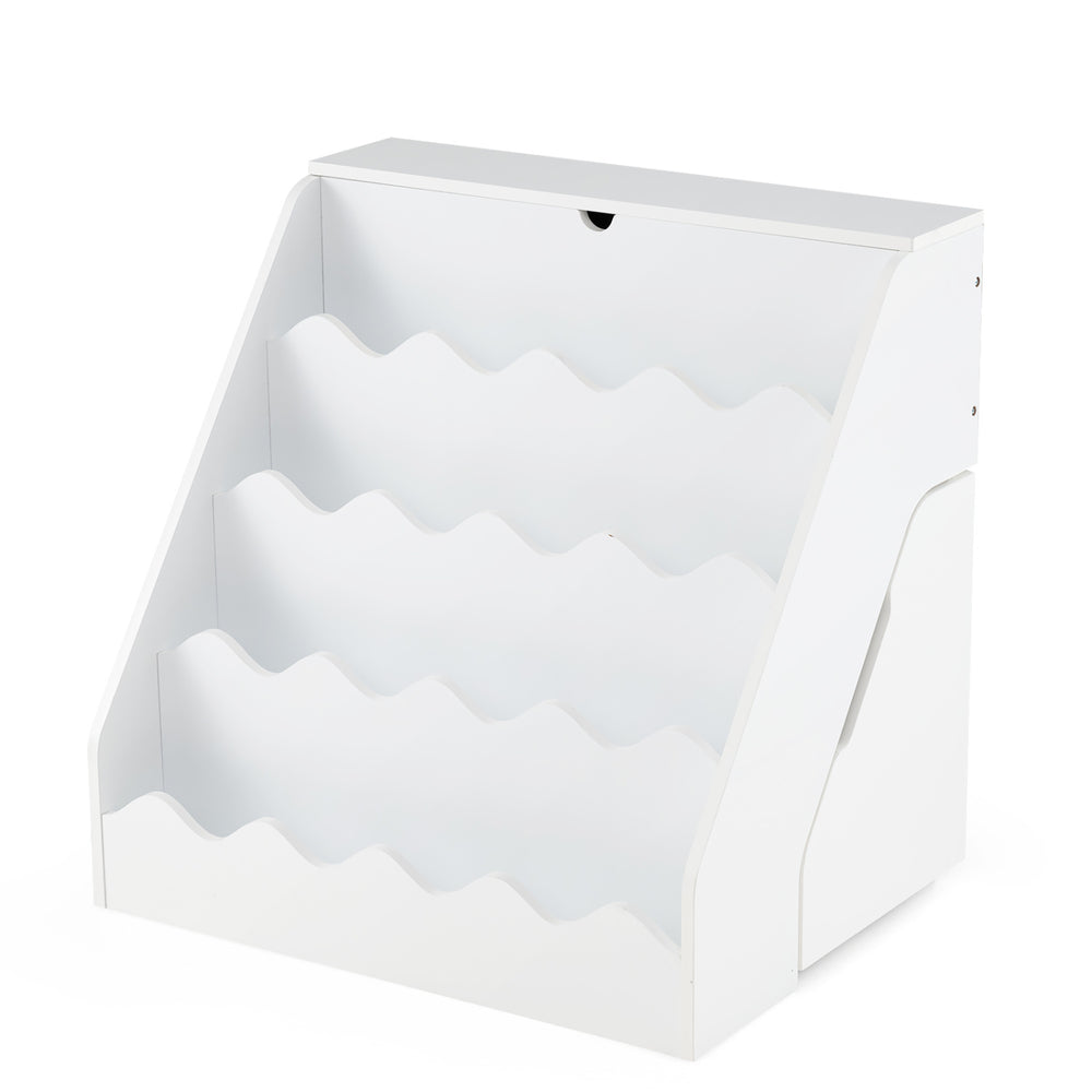 4-tier white kids bookshelf and toy storage organizer with top compartment and rolling cart for flexible play and.