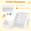 Dimensions of the 2-in-1 kids bookshelf and toy storage organizer in white, featuring 4 tiers and a top flip.
