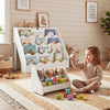 Kids bookshelf and toy storage organizer in white, featuring a 4-tier design and rolling cart for flexible play and.