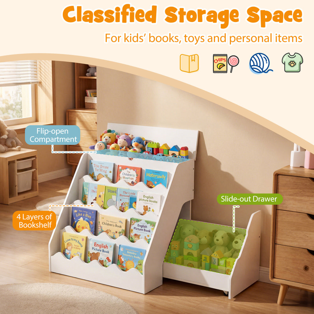 2-in-1 kids bookshelf and toy storage organizer in white with 4-tier design and flip-open compartment for easy access.