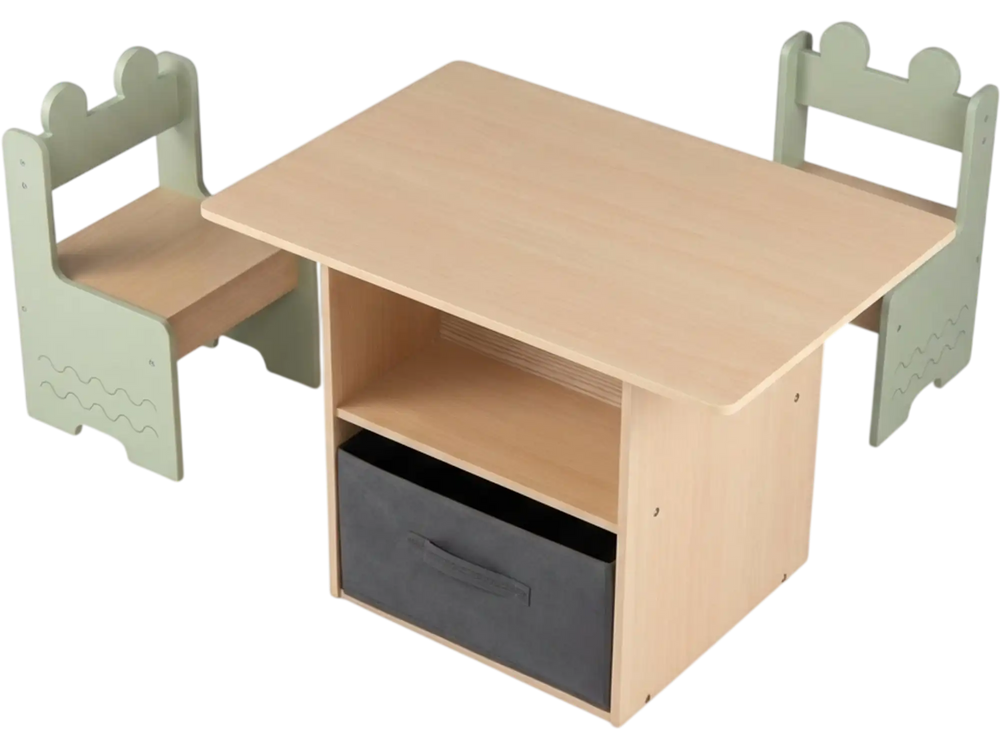 Wooden kids table and chairs set in green with storage compartments, perfect for play and study activities.