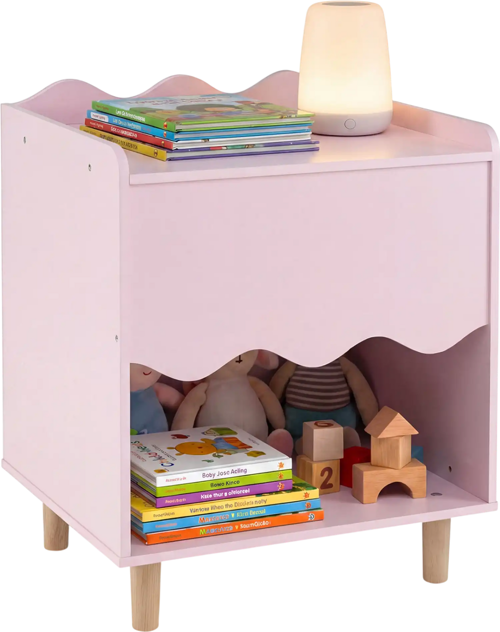 Toddler scalloped side table in pink with open compartment and sturdy rubber wood legs, ideal for kids' storage.