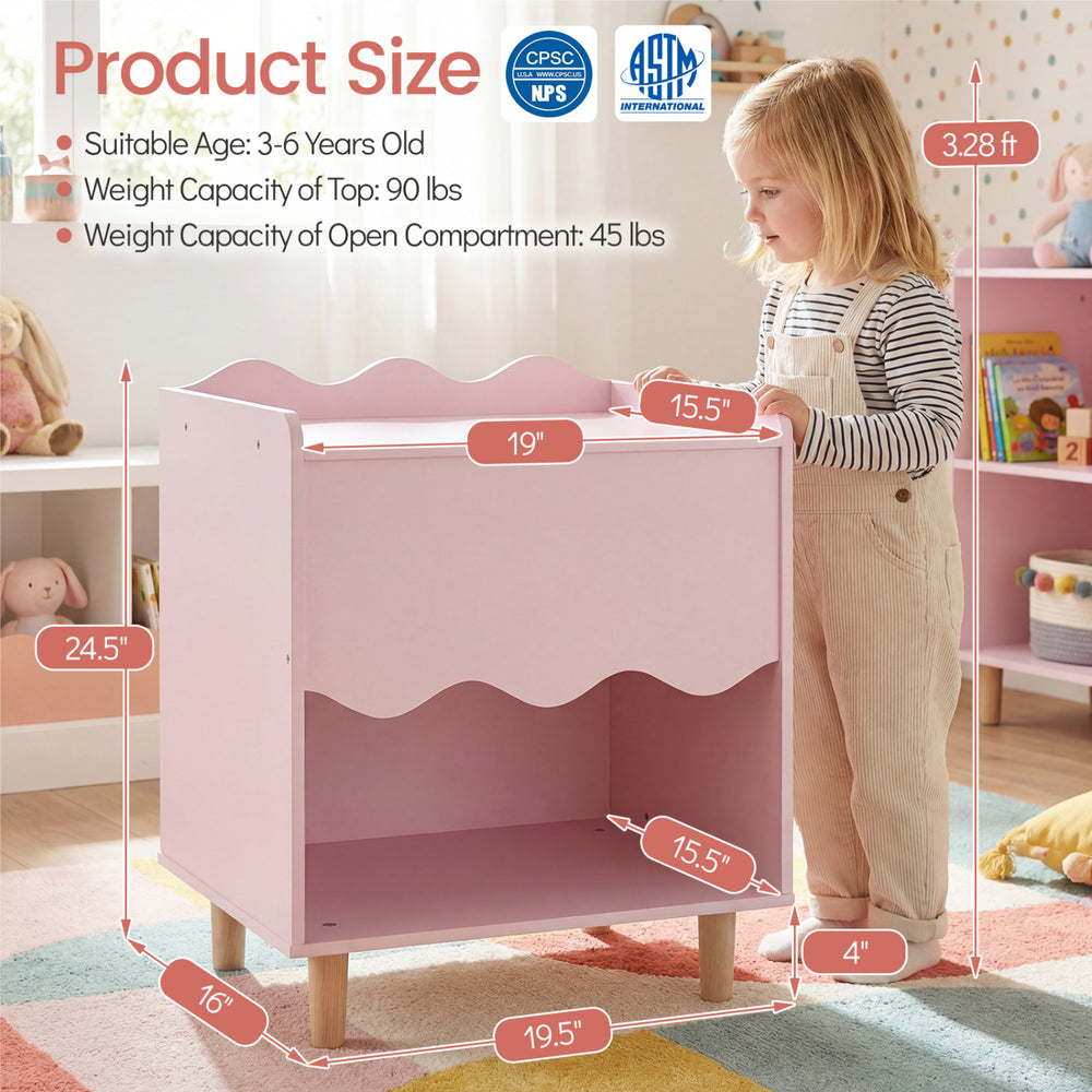 Toddler scalloped side table in pink with open compartment, sturdy rubber wood legs, perfect for kids' rooms and.
