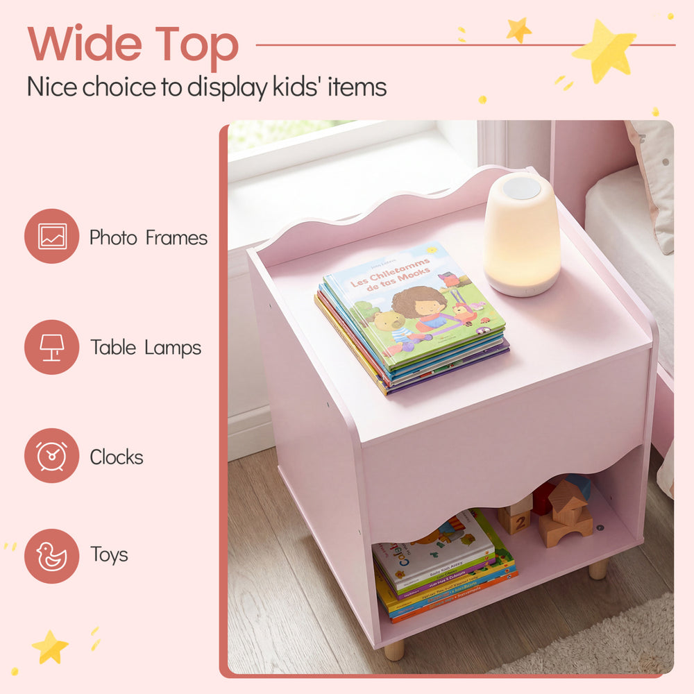 Toddler scalloped side table in pink with wide top, open compartment, and sturdy rubber wood legs for kids' storage.