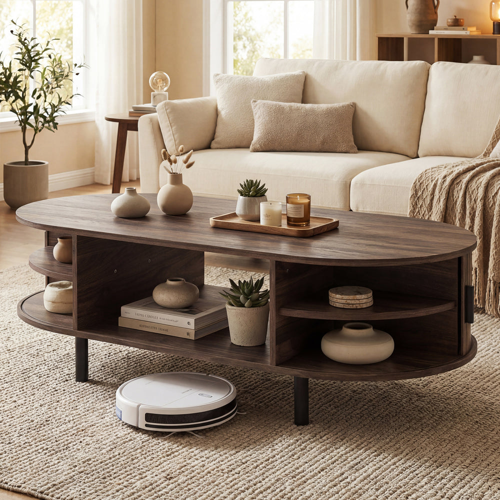 Oval Coffee Table 47.5inch Wooden Center Table with Storage-Walnut - Gallery View 1 of 10