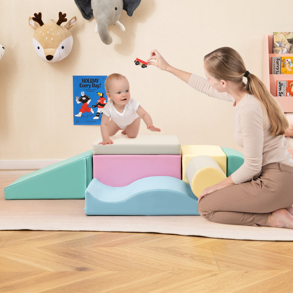 Colorful 7-piece soft play equipment with foam climbing blocks, designed for safe indoor play and creativity.
