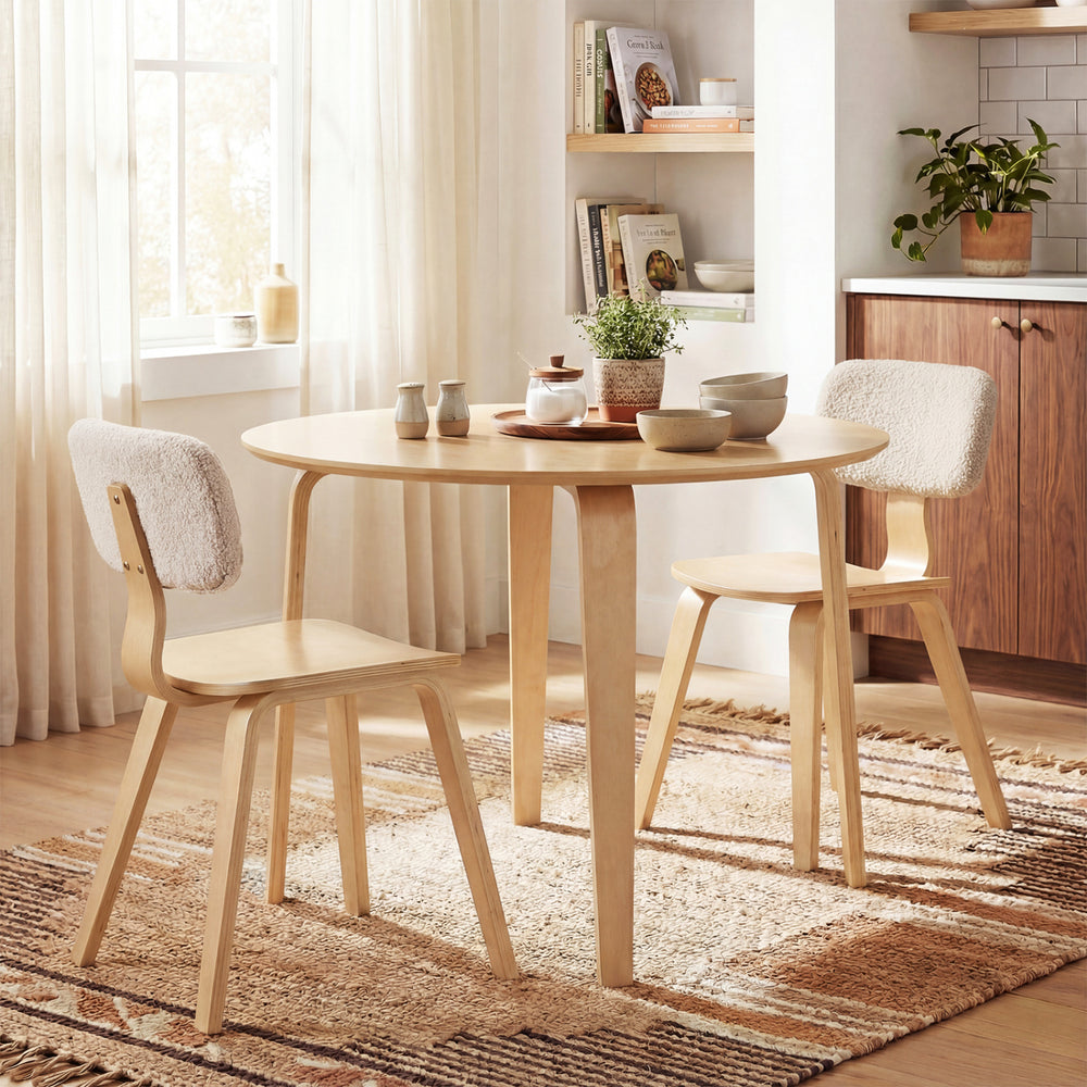 3-piece dining table set featuring a natural rubber wood table and two padded chairs with teddy velvet upholstery.