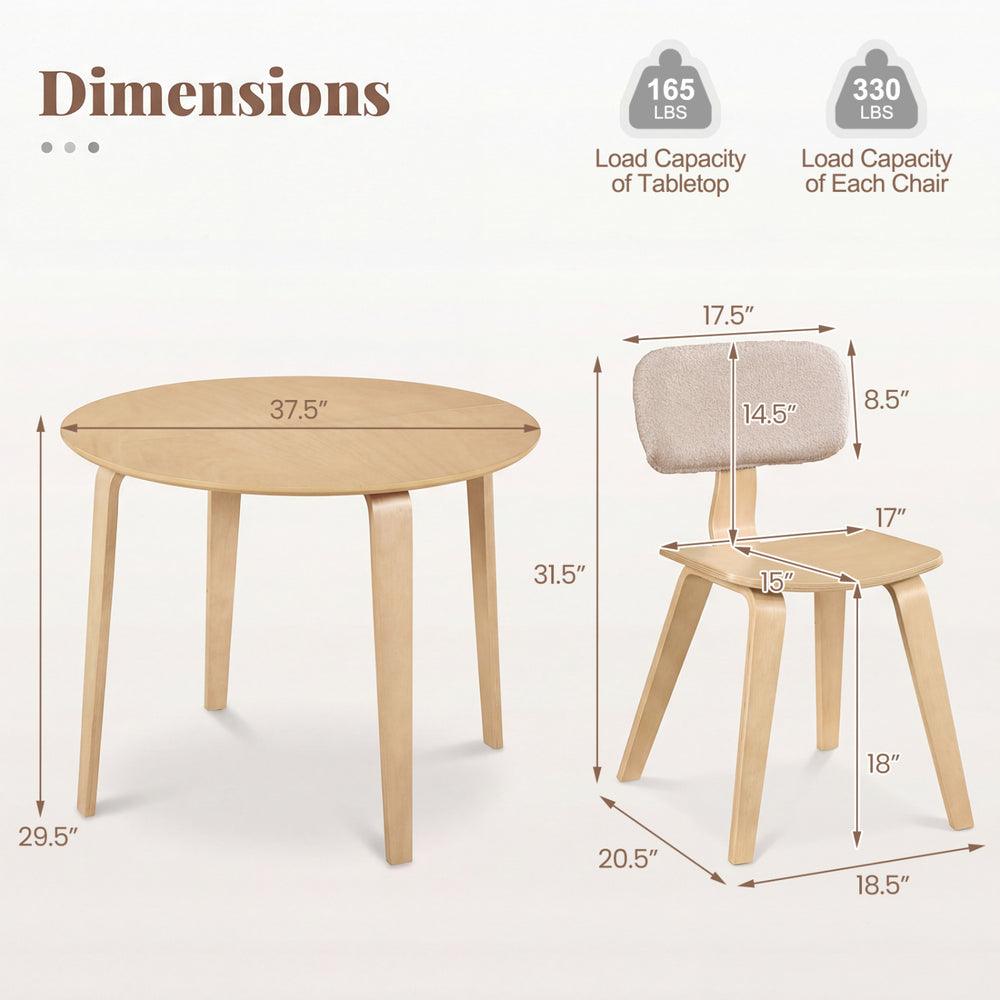 Round dining table with rubber wood legs and two padded chairs, designed for comfort and space-saving storage.