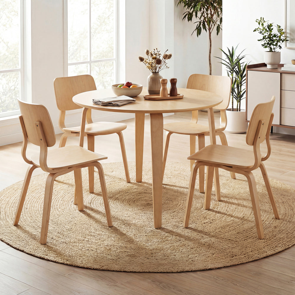 5-piece dining table set featuring a natural rubber wood table and 4 padded chairs, ideal for kitchen or dining room.