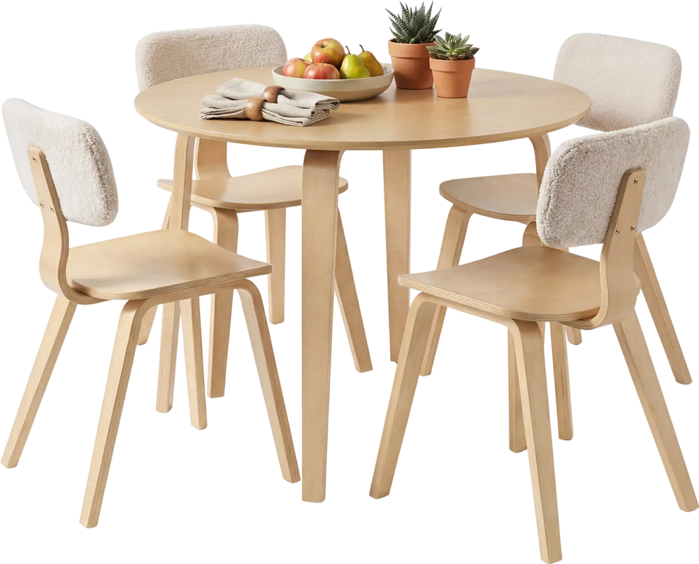 5-piece dining table set featuring a natural rubber wood table and 4 padded chairs, perfect for kitchen or dining room.