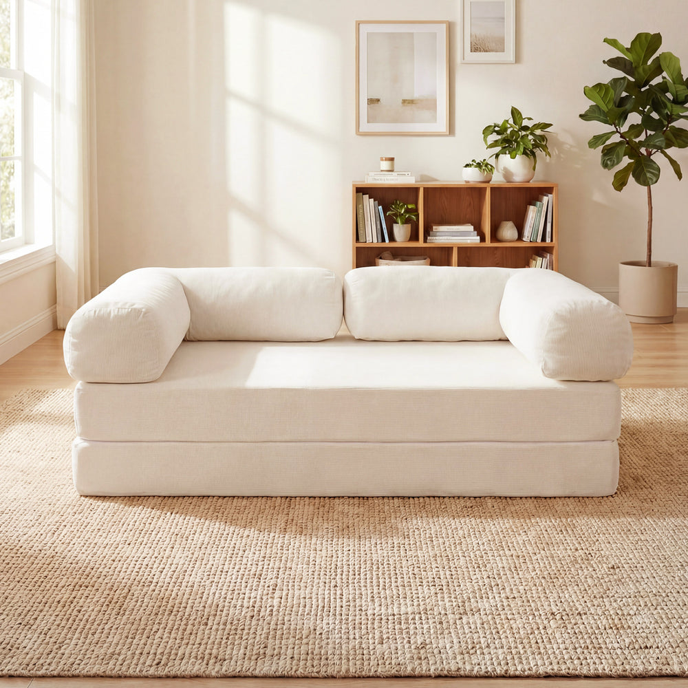 Beige 4-in-1 convertible folding sofa bed with removable armrests, plush corduroy cover, perfect for lounging or.
