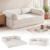Convertible folding sofa bed in beige with removable armrests, plush corduroy cover, perfect for lounging or sleeping.