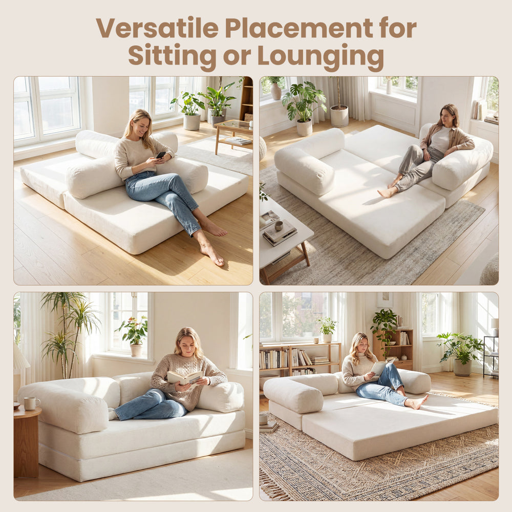 4-in-1 convertible folding sofa bed in beige, featuring removable armrests for versatile lounging and sitting options.