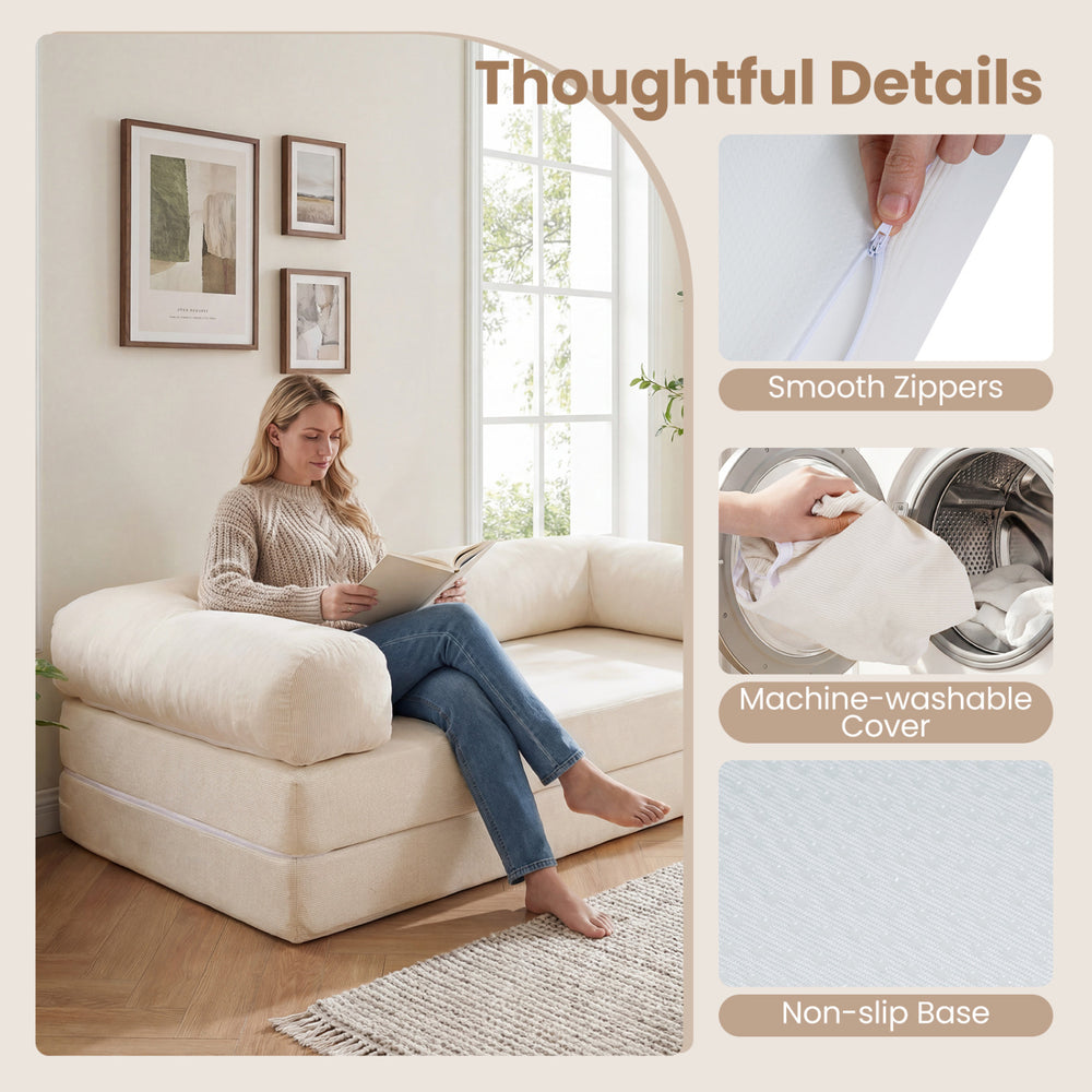 Detail of the 4-in-1 convertible folding sofa bed showing smooth zippers and machine-washable cover for easy care.