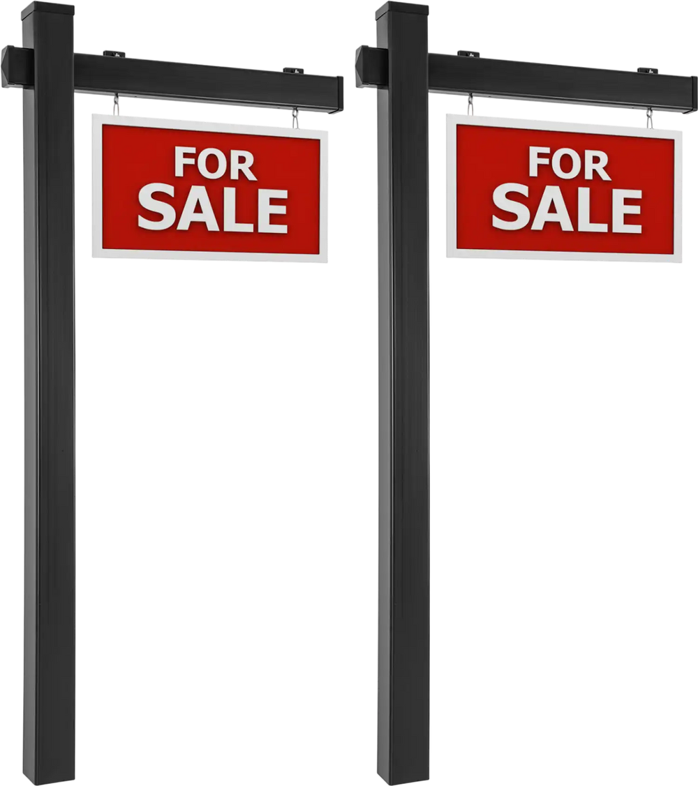 Set of 2 black vinyl UPVC real estate yard sign posts, 6 feet tall, designed for open house and home sale displays.