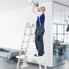 Folding aluminum ladder in use, showcasing safe locking hinge and anti-slip rungs for secure access to high areas.