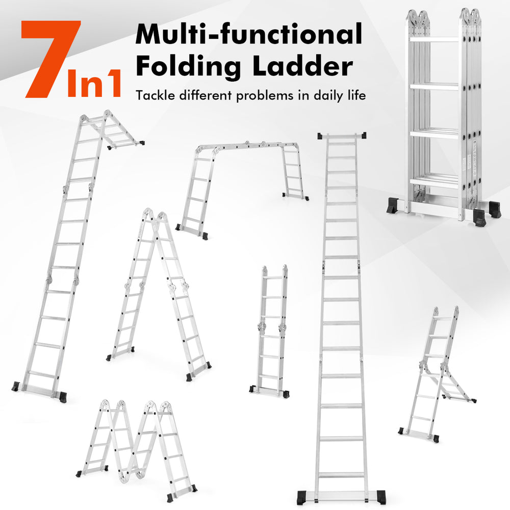 15 feet folding aluminum ladder in various configurations, featuring durable construction and anti-slip rungs for.