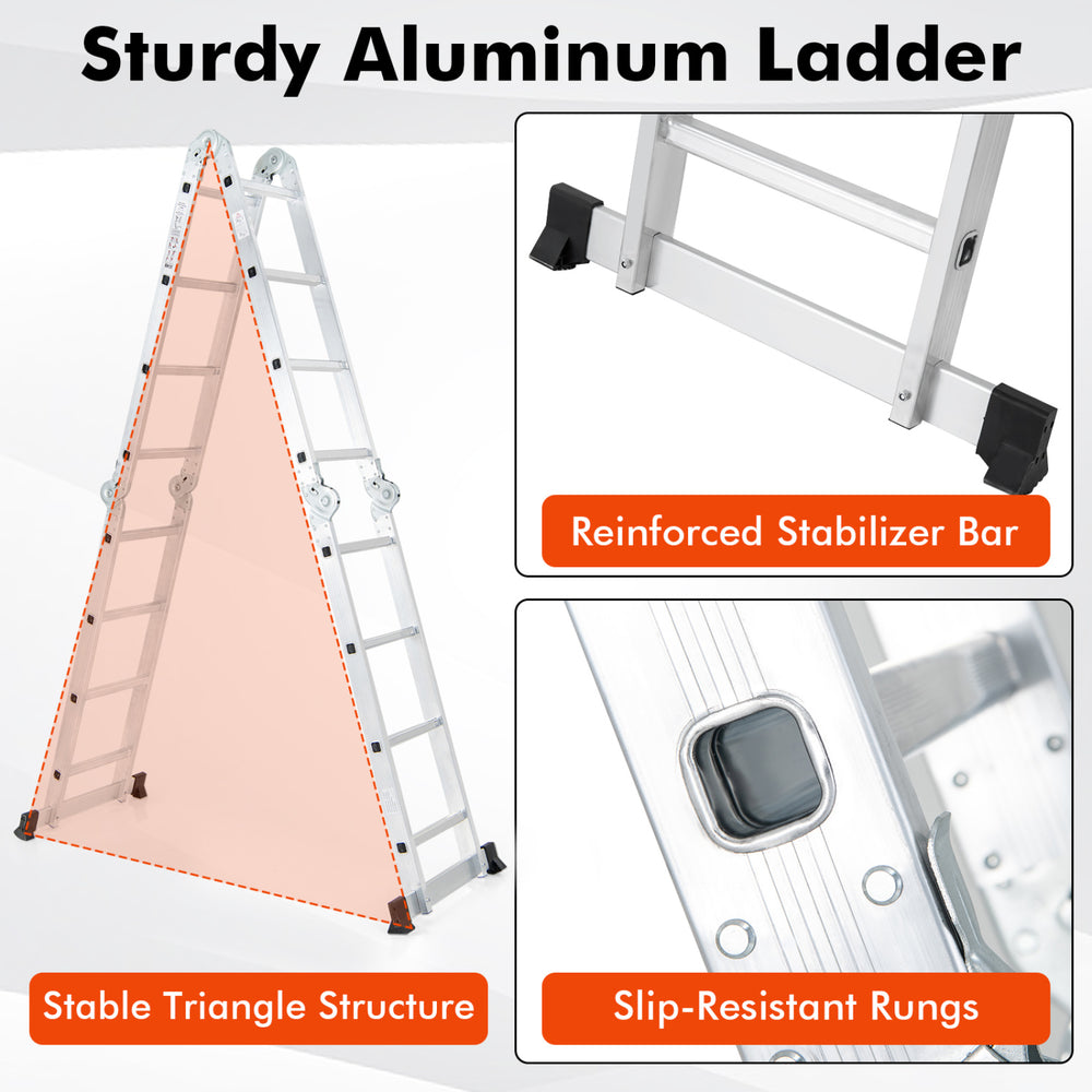 Folding aluminum ladder with anti-slip rungs, stable triangle structure, and safe locking hinge for versatile use.