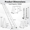 Product dimensions of a 15 feet folding aluminum ladder, showcasing various configurations and a load capacity of 330.