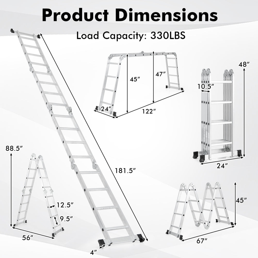 Product dimensions of a 15 feet folding aluminum ladder, showcasing various configurations and a load capacity of 330.