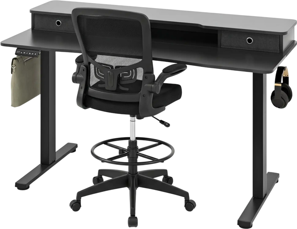 Electric Height Adjustable Standing Desk and Drafting Chair Set with Storage Drawers