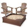 Kids sandbox with cover and two Adirondack chairs, perfect for outdoor play and relaxation in backyards or gardens.