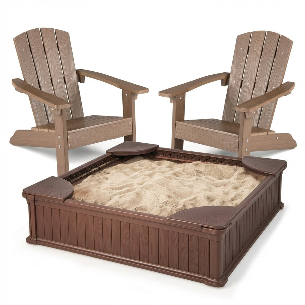 Kids sandbox with cover and two Adirondack chairs, perfect for outdoor play and relaxation in backyards or gardens.