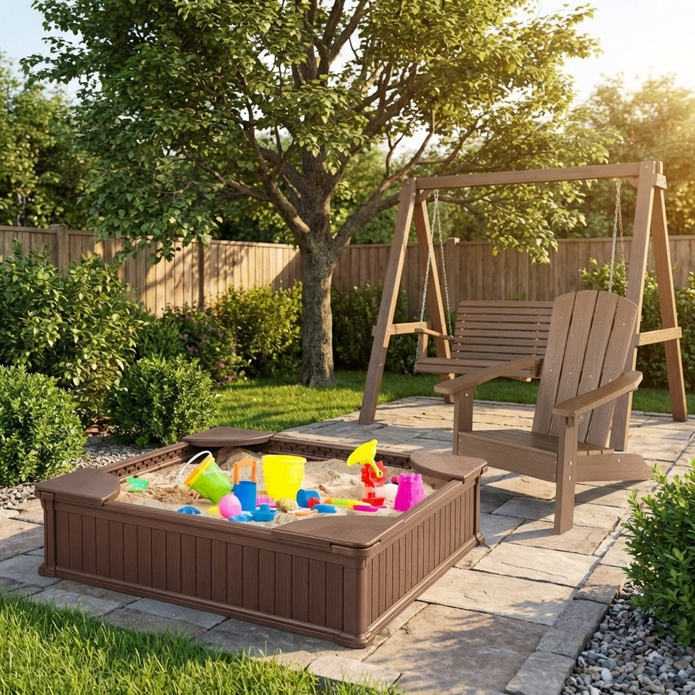 Kids sandbox with cover and two Adirondack chairs, perfect for outdoor play and relaxation in the backyard.